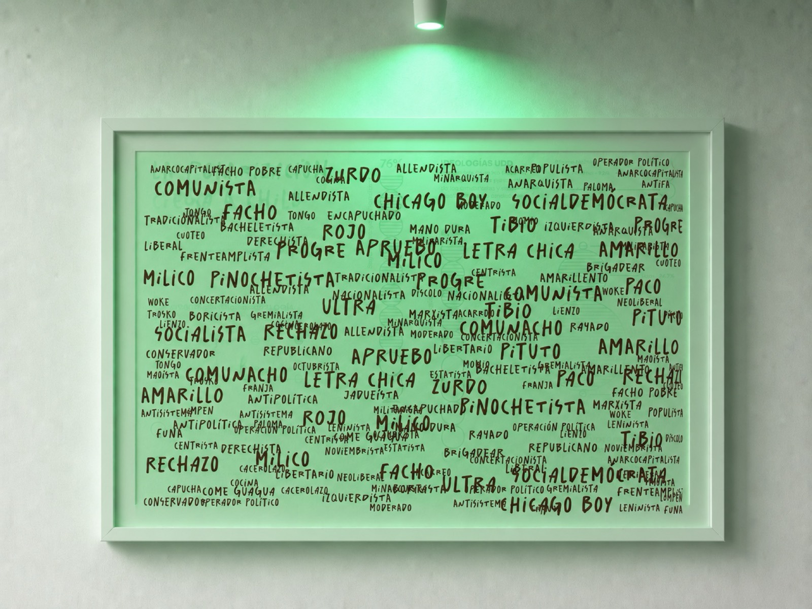 Afiche verde de Polarización con el mapa de términos despectivos