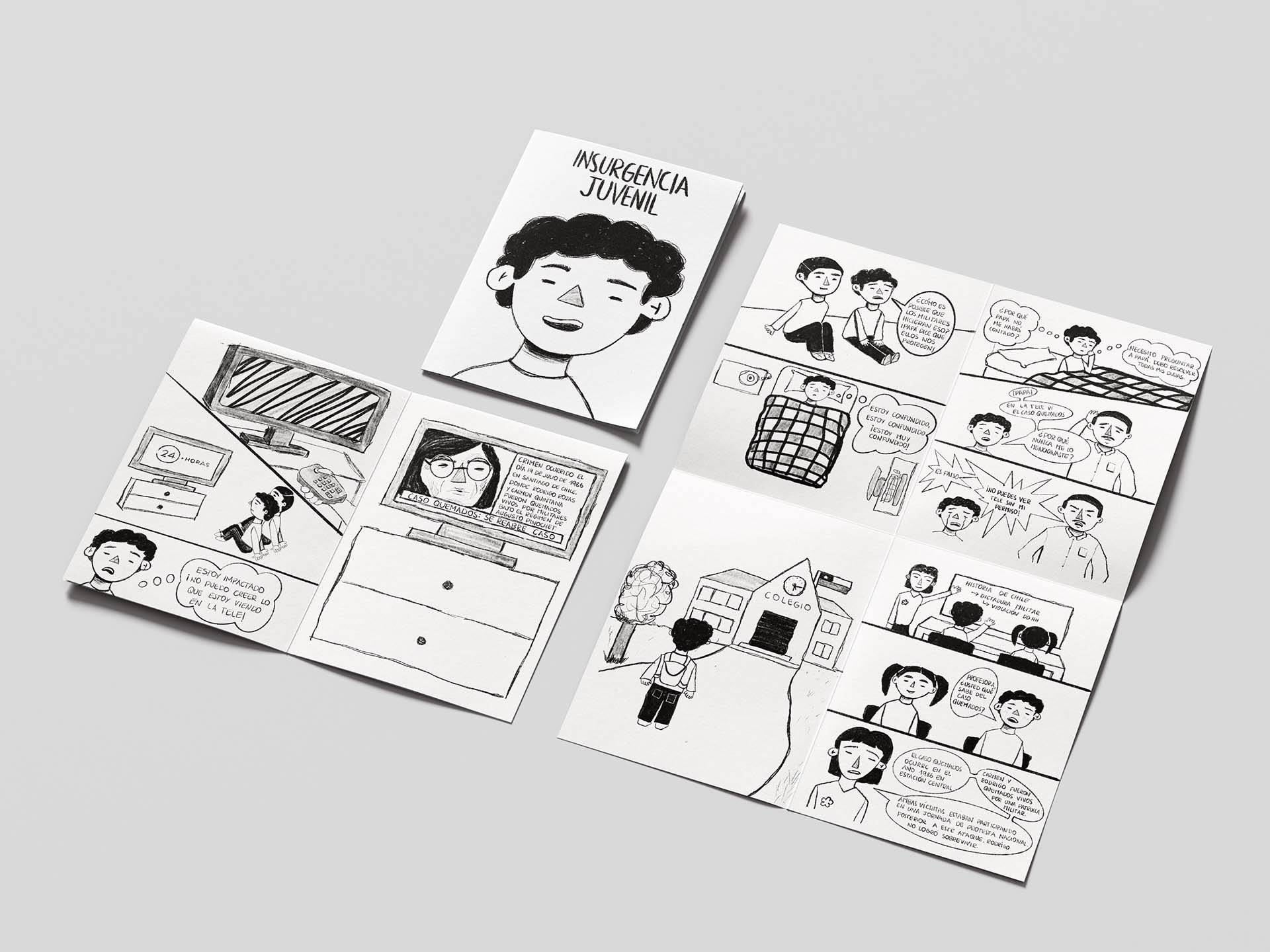 Páginas interiores del fanzine Insurgencia Juvenil con viñetas en blanco y negro